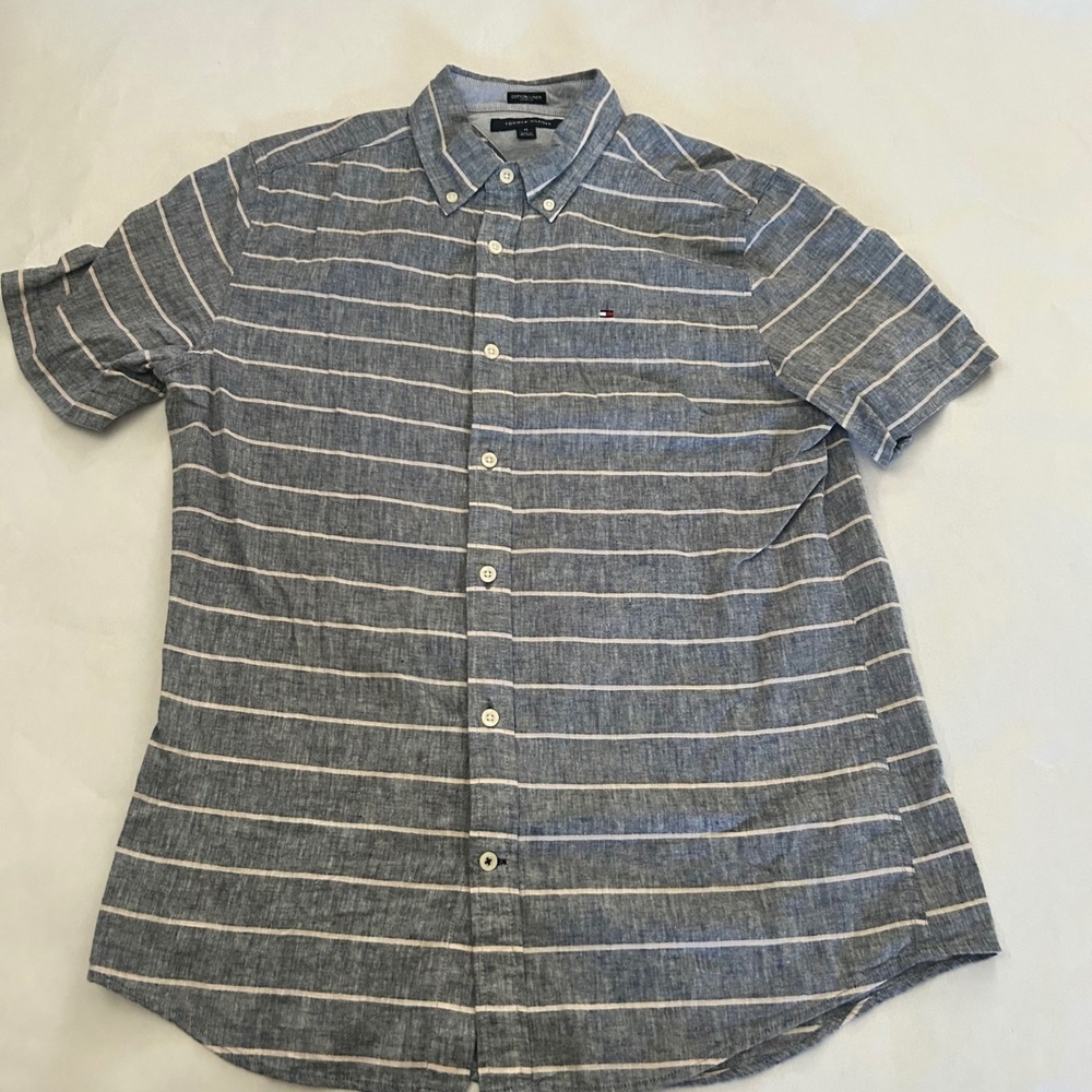 Tommy Hilfiger Mens Striped Short Sleeve Button Down Shirt Medium Linen‎ Blend